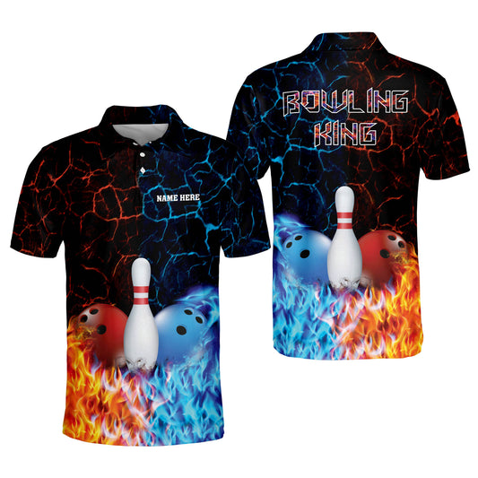 Custom Bowling King Bowling Polo Shirt For Men, Custom Red Blue Flame Bowling Shirt BM0106