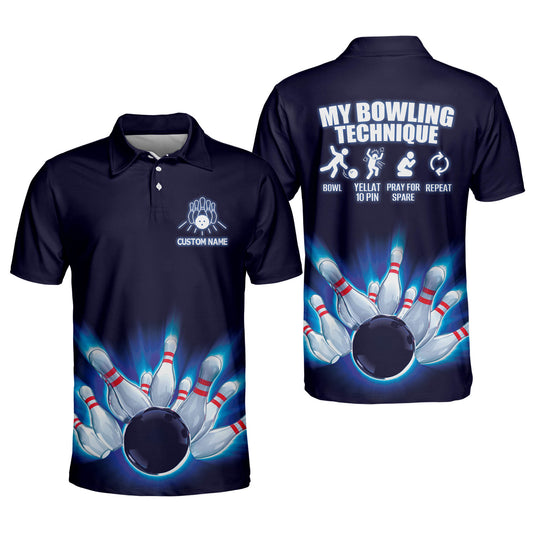 My Bowling Technique Bowling Polo Shirt For Men, Custom Funny Blue Bowling Shirts BM0026