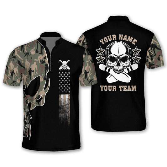 Custom Skull Bowling Jersey Shirt For Men, Custom Team Camo Skull Bowling Shirt BM0259