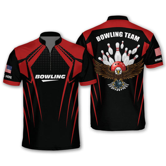 Custom American Eagle Bowling Jersey Shirt For Men, Custom Black And Red Team Bowling Shirt BM0248